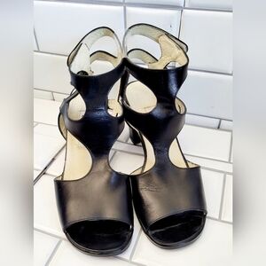 SCADA Made in Spain Vintage Black Leather 3in Block Heel Sandal with Double Ankl